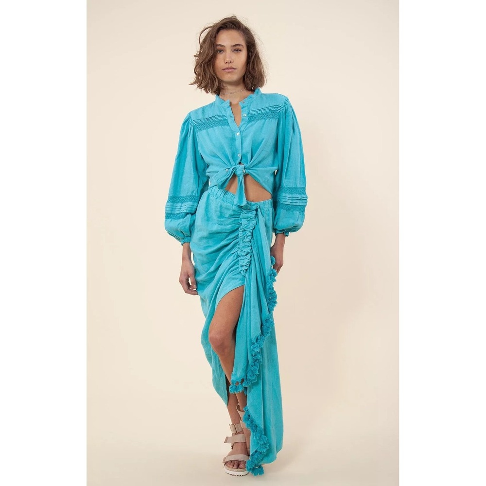 Hale Bob Venus Solid Drape Turquoise 100% Linen Tassel Trim Wrap Maxi Skirt NWT